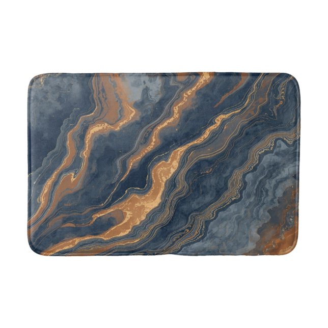 Navy Blue Orange Abstract Marbled Bath Mat (Front)