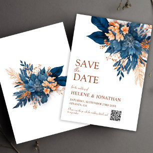 Navy Blue Orange Boho Floral Elegant Wedding Save The Date