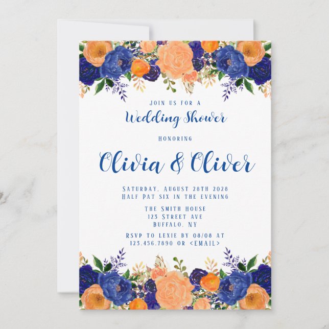 Navy Blue Orange Botanical Florals Wedding Shower Invitation (Front)