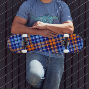 Navy Blue Orange Cyan Plaid Tartan Design Skateboard