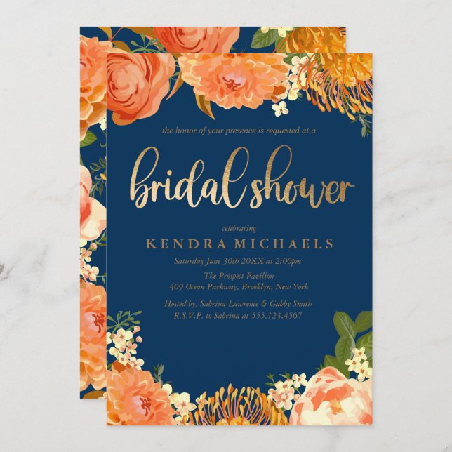 Navy Blue Orange floral Bridal Shower Invitation (Front/Back)