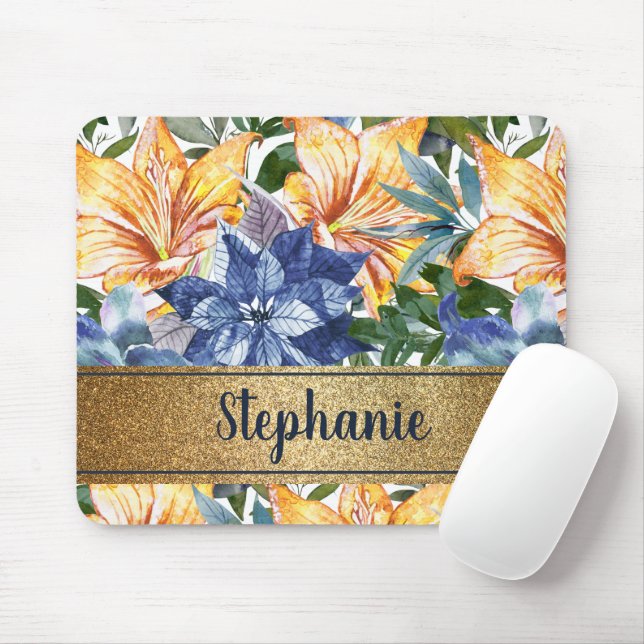 Navy Blue Orange Floral Gold Name Script   Mouse Pad (With Mouse)