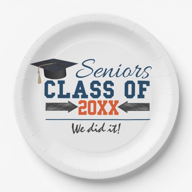 Navy Blue Orange Graduation Party Plates (Front)