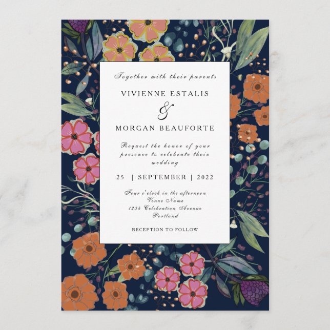 Navy blue orange pink flowers Spring wedding Invitation (Front)