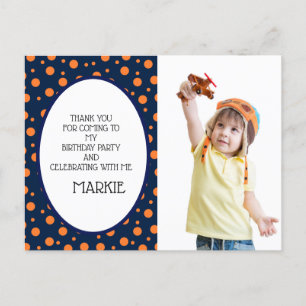 Navy Blue Orange Polka Dot Birthday Thank You Postcard