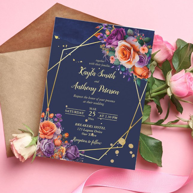 Navy blue orange purple roses wedding template (Creator Uploaded)