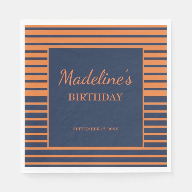 Navy Blue Orange Striped Birthday Party  Napkin (Front)