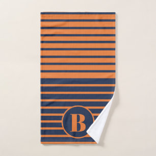 Navy Blue Orange Striped Monogram   Hand Towel