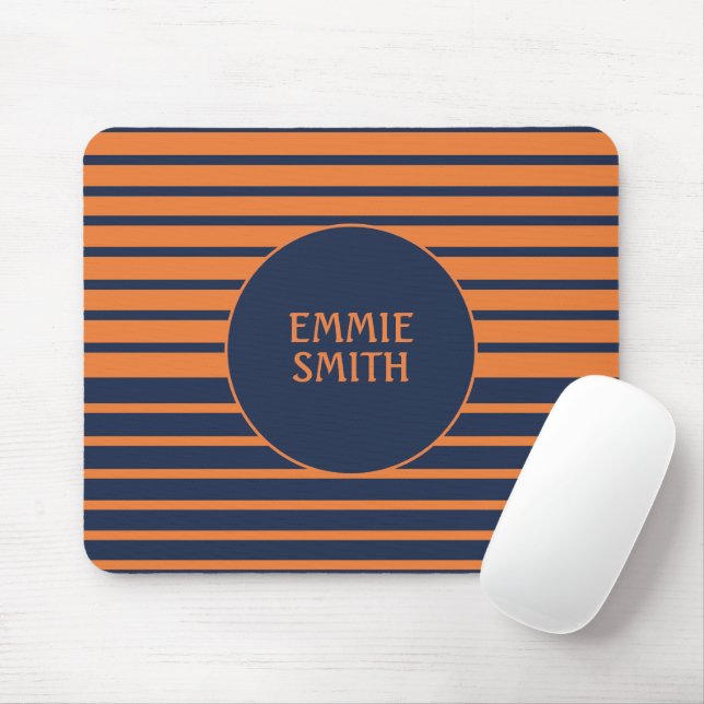 Navy Blue Orange Striped Personalised Mouse Pad (With Mouse)