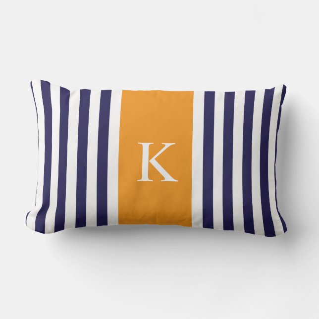 Navy Blue Orange Stripes Monogram Lumbar Cushion (Front)