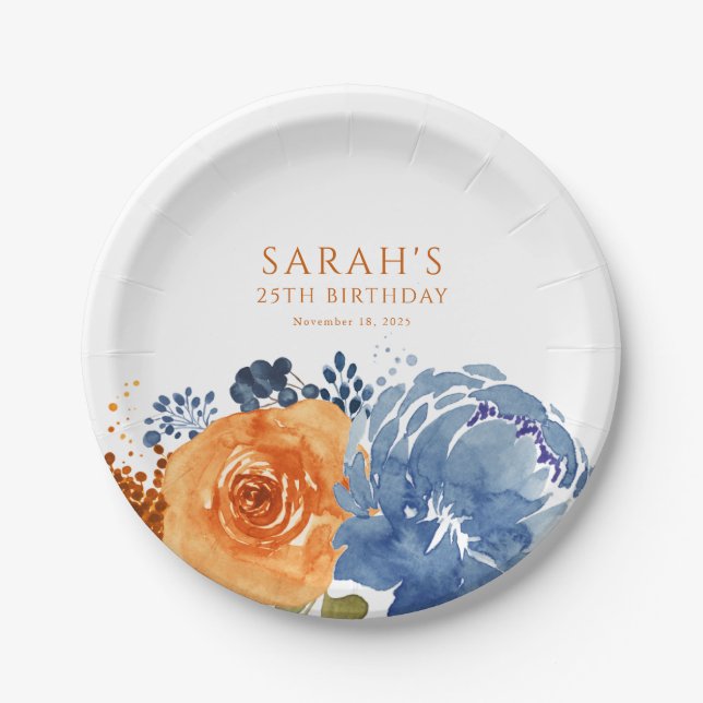 Navy Blue Orange Terracotta Boho Fall Floral  Paper Plate (Front)