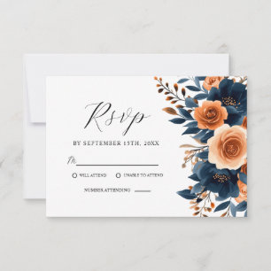 Navy Blue Orange Terracotta Floral Elegant Wedding RSVP Card