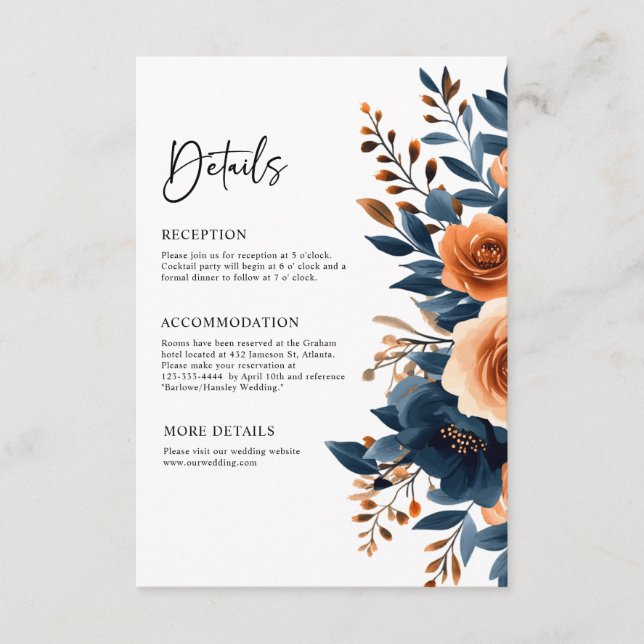 Navy Blue Orange Terracotta Floral Wedding Details Enclosure Card (Front)