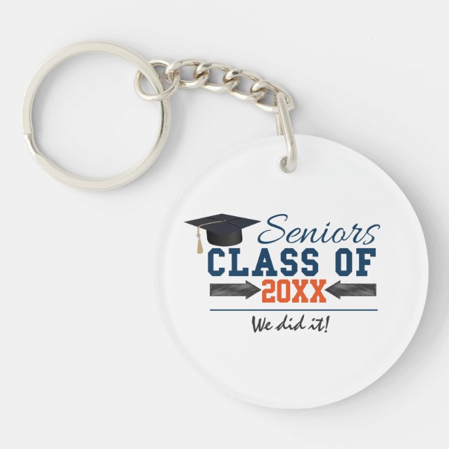 Navy Blue Orange Typography Graduation key ring (Front)