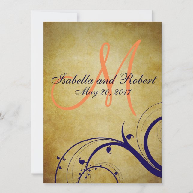 Navy Blue Orange Vintage Wedding Invitation (Front)