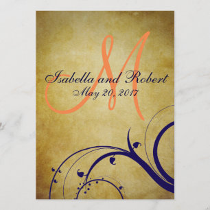 Navy Blue Orange Vintage Wedding Invitation