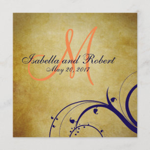Navy Blue Orange Vintage Wedding Invitation