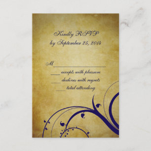 Navy Blue Orange Vintage Wedding RSVP Card