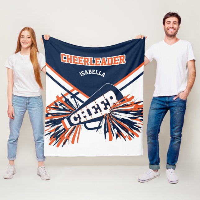 Navy Blue, Orange & White 📣 Cheerleader Fleece Blanket (In Situ)