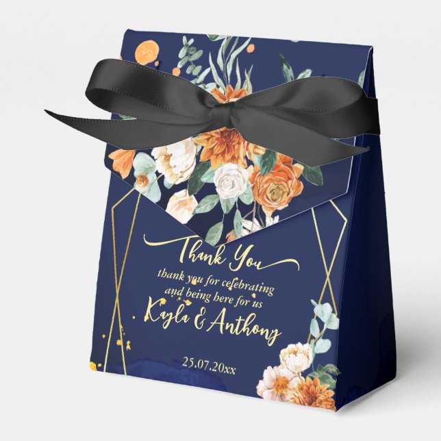 Navy blue orange white flowrs wedding custom favour box (Front Side)