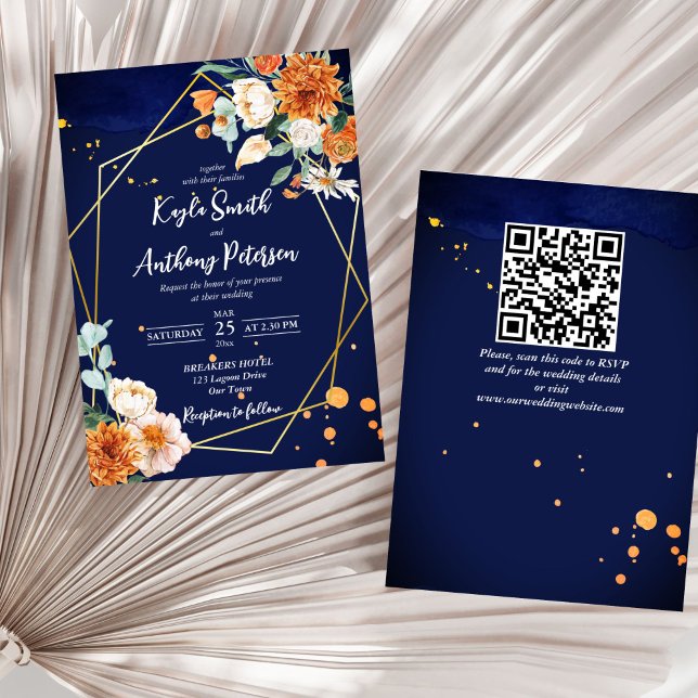 Navy blue orange white roses wedding invite (Navy blue orange white roses geometrical gold frame all in one wedding invitation template digital)
