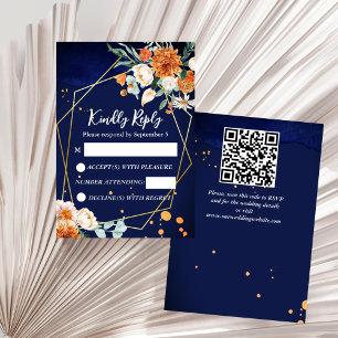 Navy blue orange white roses wedding RSVP Card