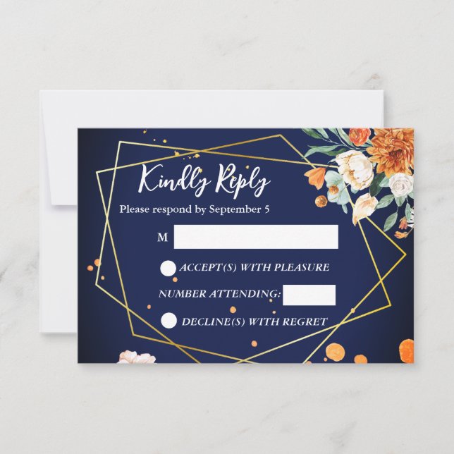 Navy blue orange white roses wedding RSVP Card (Front)