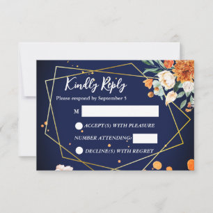 Navy blue orange white roses wedding RSVP Card