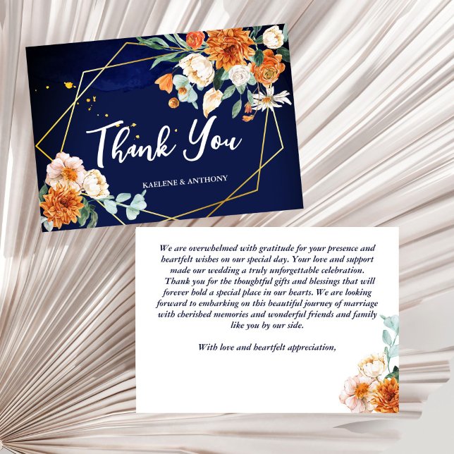 Navy blue orange white roses wedding thank you card (Navy blue orange white roses gold geometrical frame wedding thank you cards)
