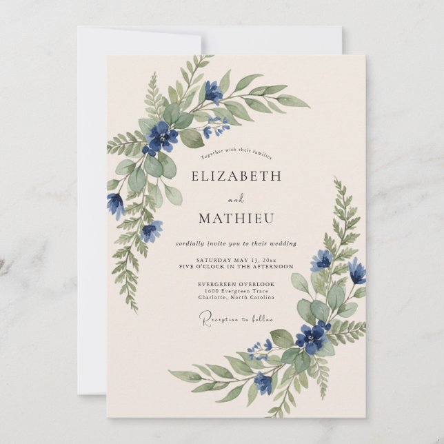 Navy Blue Organic Spring Wedding Invitation (Front)
