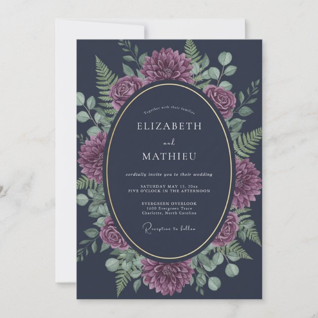 Navy Blue Ornate Botanical Wedding Invitation (Front)