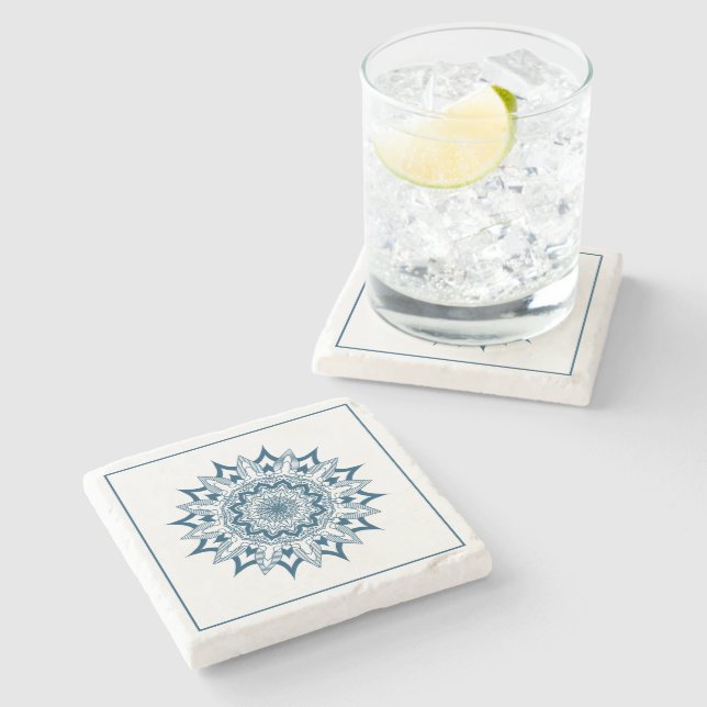 Navy-blue ornate circle mandala stone coaster (Side)