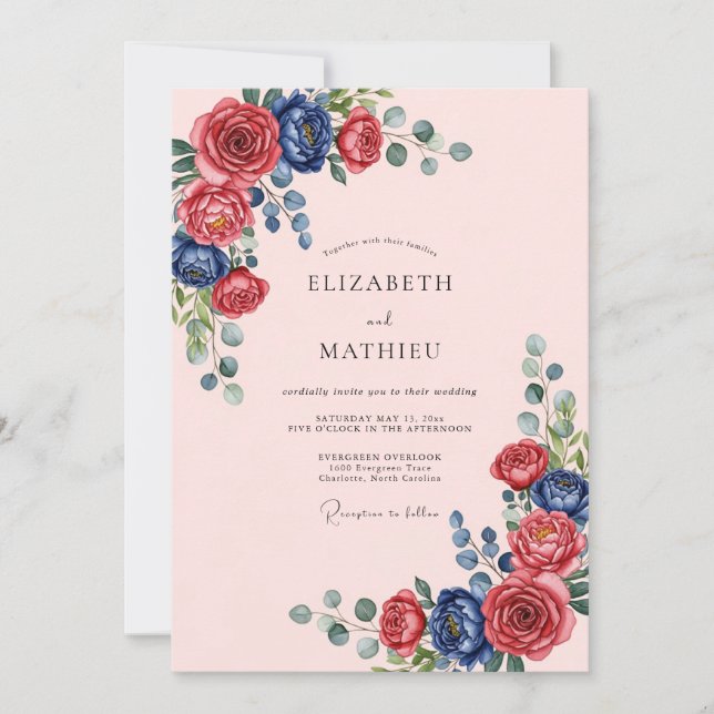 Navy Blue Ornate Rose Wedding Invitation (Front)