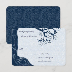 Navy Blue Outdoor Garden Tree Lovebird Wedding RSVP Card