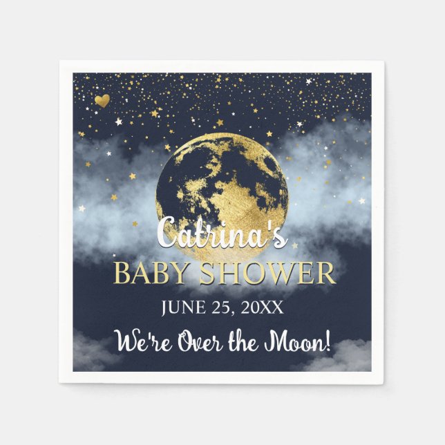 Navy Blue Over the Moon and Stars Baby Shower Napkin (Front)