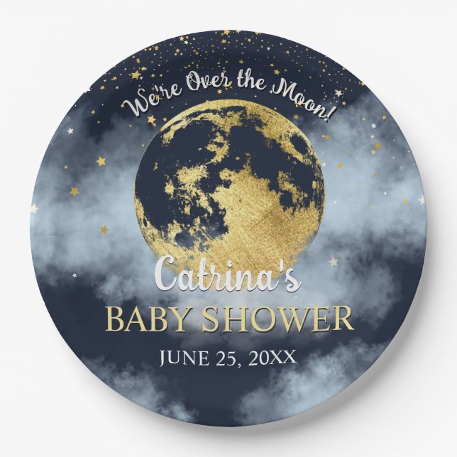 Navy Blue Over the Moon and Stars Baby Shower Paper Plate (Front)