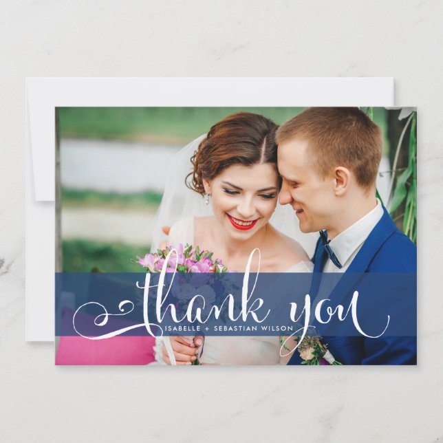 Navy Blue Overlay Script Wedding Photo Thank You (Front)