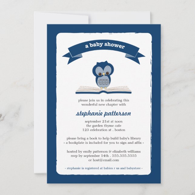 Navy Blue Owl Bring a Book Baby Shower Invitation (Front)