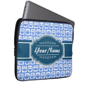 Navy Blue Owl Personalised Name Laptop Sleeve