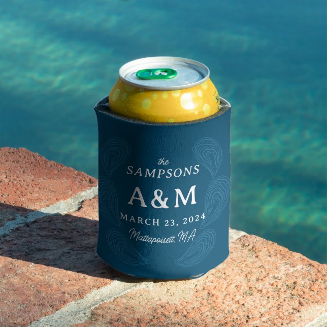 Navy Blue Oyster Wedding Name Date and Location Can Cooler (In Situ Pool)