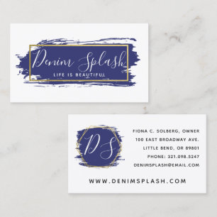 Navy Blue Paint Stroke Modern Gold Geometric Chic Business Card