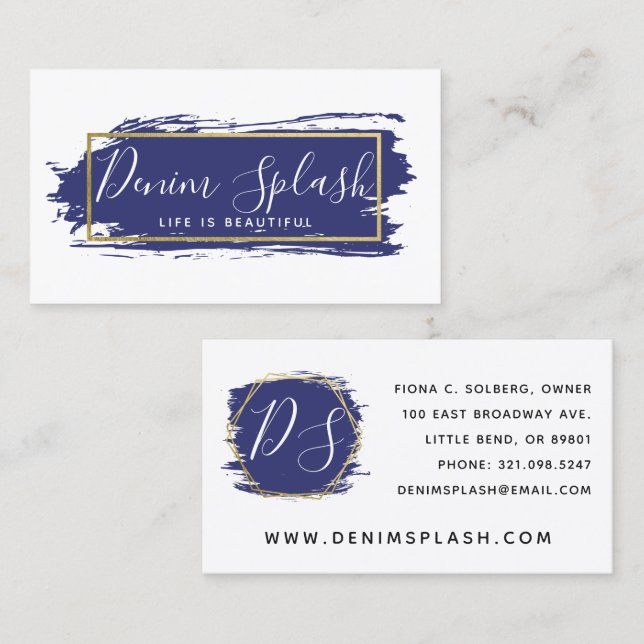 Navy Blue Paint Stroke Modern Gold Geometric Chic Business Card (Front/Back)