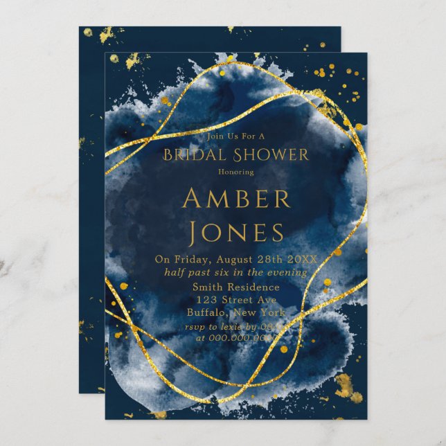 Navy Blue Painted Gold Bridal Shower Invitation (Front/Back)
