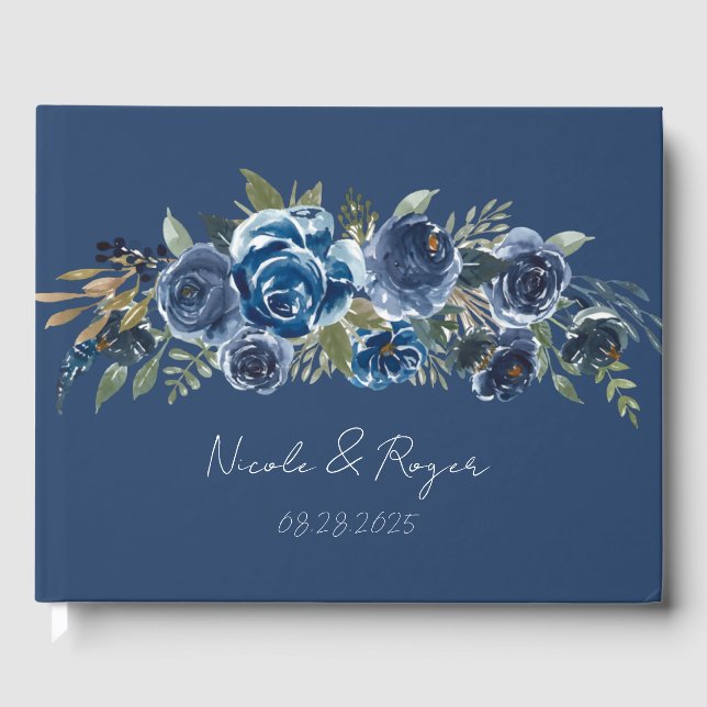 Navy Blue Painted Peony Flower Wedding Guest Book (Front)