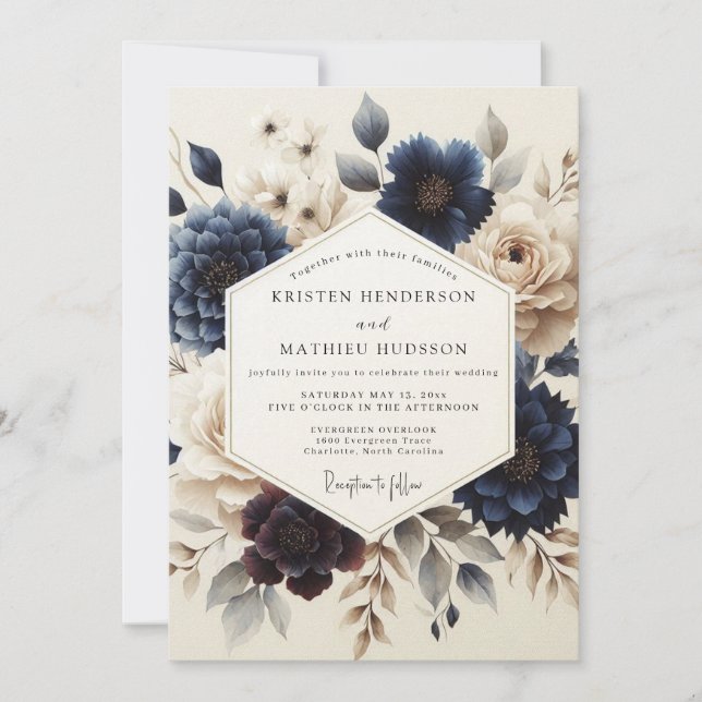 Navy Blue Painterly Bloom Wedding Invitation (Front)