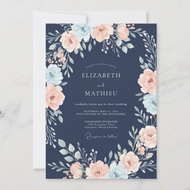 Navy Blue Painterly Floral Wedding Invitation (Front)