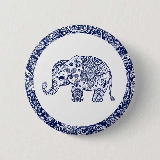 Navy Blue Paisley Elephant 6 Cm Round Badge (Front)