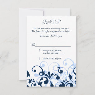 Navy Blue Pale Blue White Abstract Floral RSVP Card