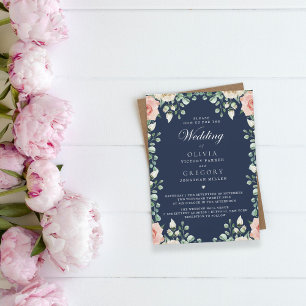 Navy Blue, Pale Pink Floral Wedding Invitation