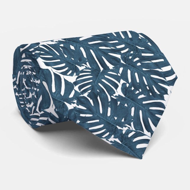 Navy blue palm leaves  tie (Rolled)